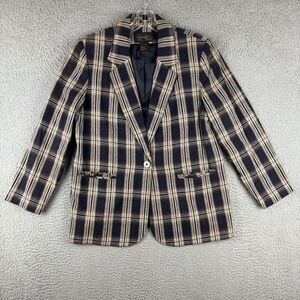 Vintage 90s Requirements Petite Plaid Linen Blend Blazer Size 10